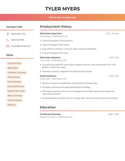 Wardrobe Supervisor Resume