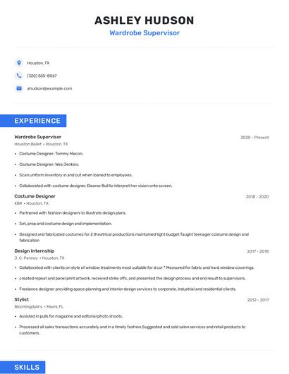 Wardrobe Supervisor Resume