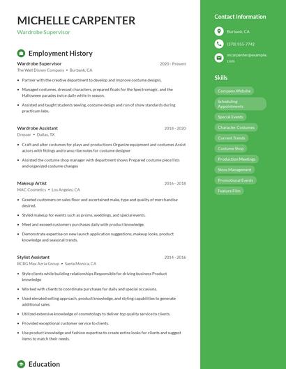 Wardrobe Supervisor Resume