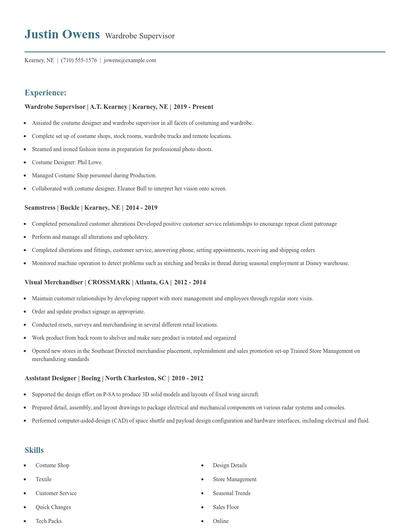 Wardrobe Supervisor Resume
