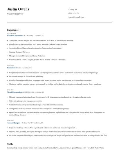 Wardrobe Supervisor Resume