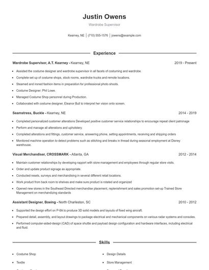 Wardrobe Supervisor Resume