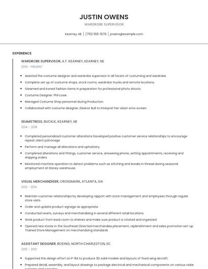 Wardrobe Supervisor Resume
