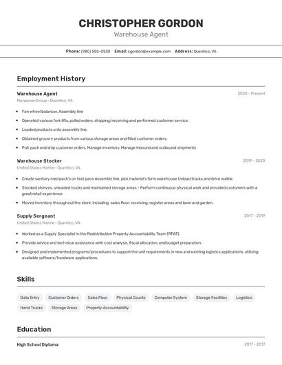 Warehouse Agent Resume