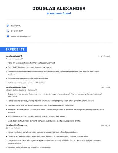 Warehouse Agent Resume