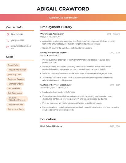 Warehouse Assembler Resume