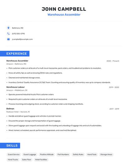 Warehouse Assembler Resume