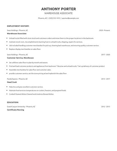 Warehouse Associate Resume