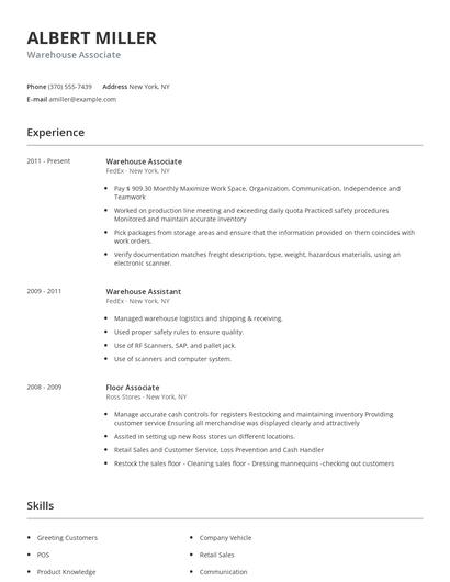 Warehouse Associate Resume