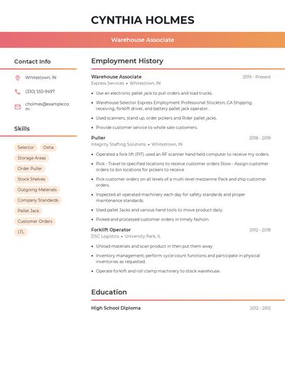 Warehouse Associate Resume