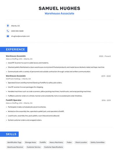 Warehouse Associate Resume