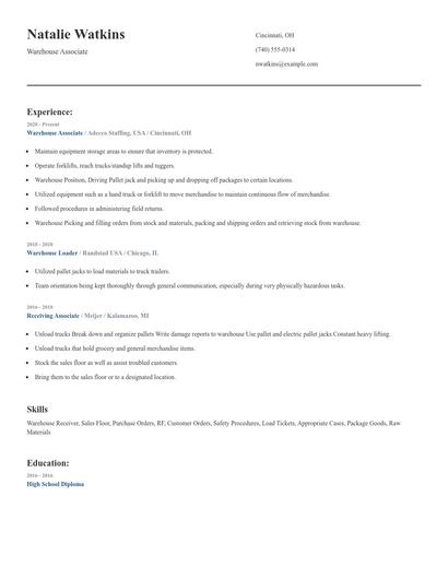 Warehouse Associate Resume
