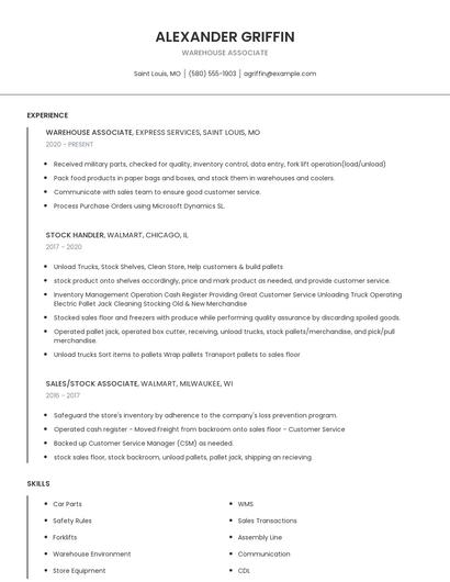Warehouse Associate Resume