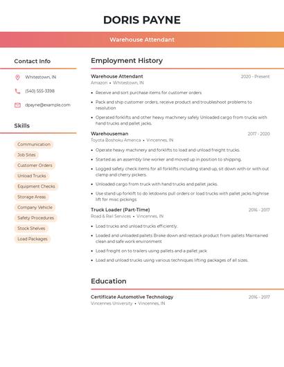 Warehouse Attendant Resume