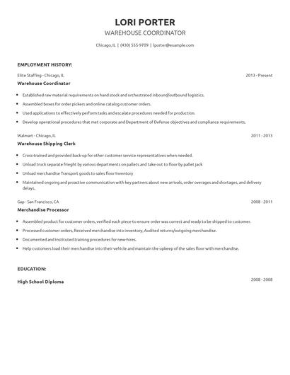 Warehouse Coordinator Resume