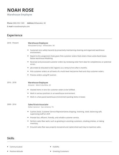 Warehouse Employee Resume