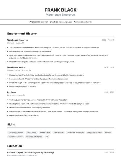 Warehouse Employee Resume