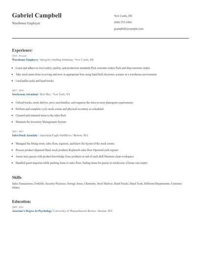 Warehouse Employee Resume