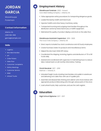 Warehouse Foreman Resume