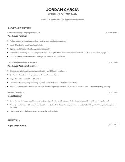 Warehouse Foreman Resume