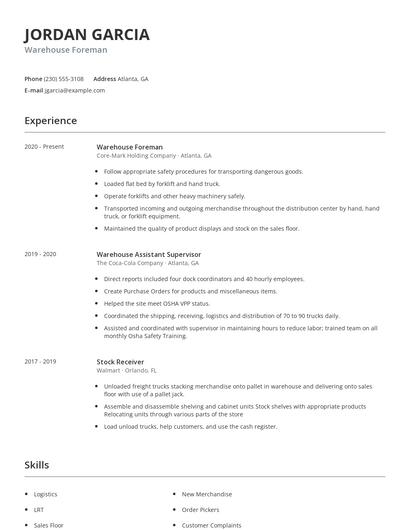 Warehouse Foreman Resume
