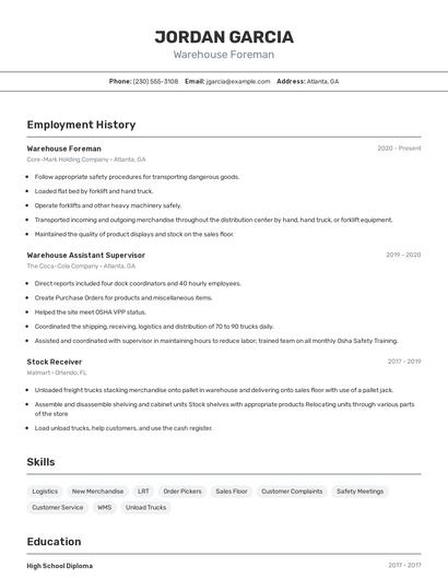 Warehouse Foreman Resume