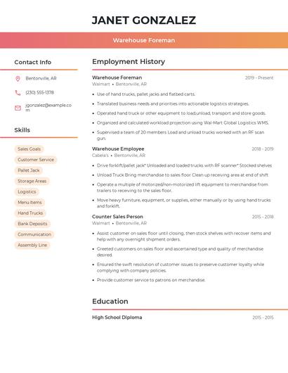 Warehouse Foreman Resume