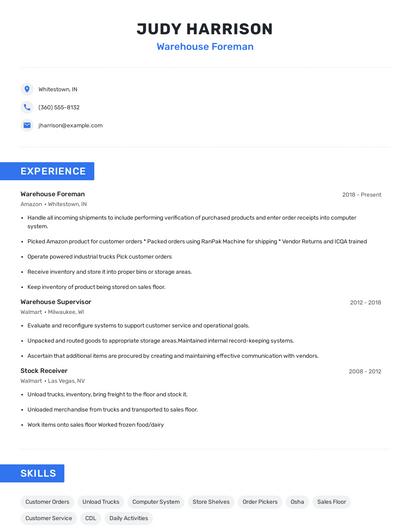 Warehouse Foreman Resume