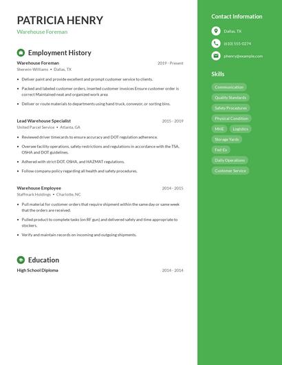 Warehouse Foreman Resume