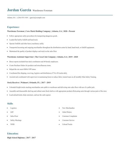 Warehouse Foreman Resume