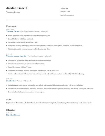 Warehouse Foreman Resume