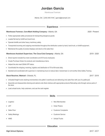 Warehouse Foreman Resume