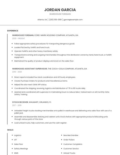 Warehouse Foreman Resume