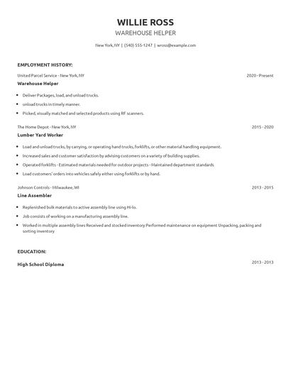 Warehouse Helper Resume