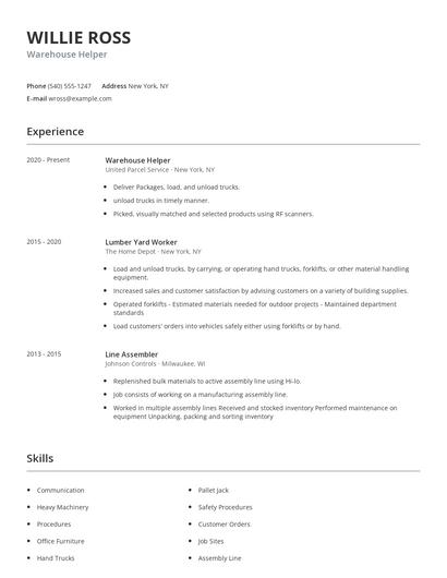 Warehouse Helper Resume