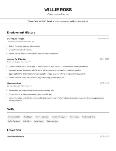 Warehouse Helper Resume