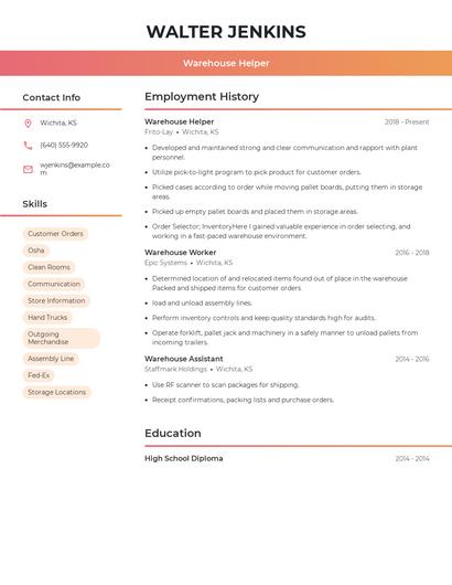 Warehouse Helper Resume
