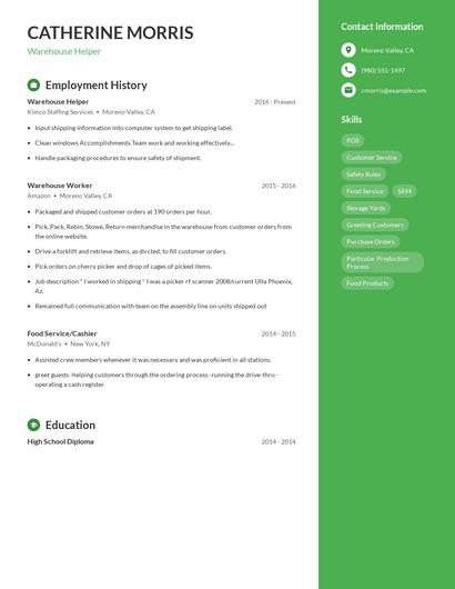 Warehouse Helper Resume