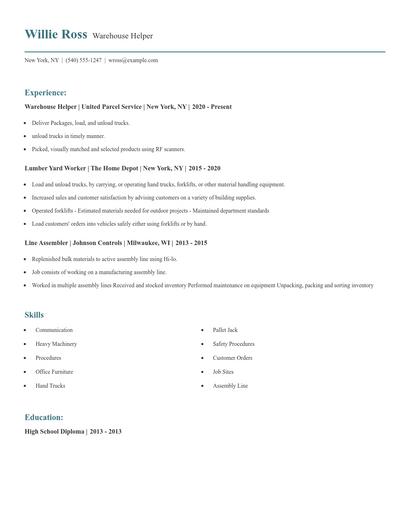 Warehouse Helper Resume