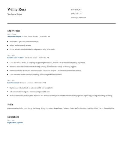 Warehouse Helper Resume