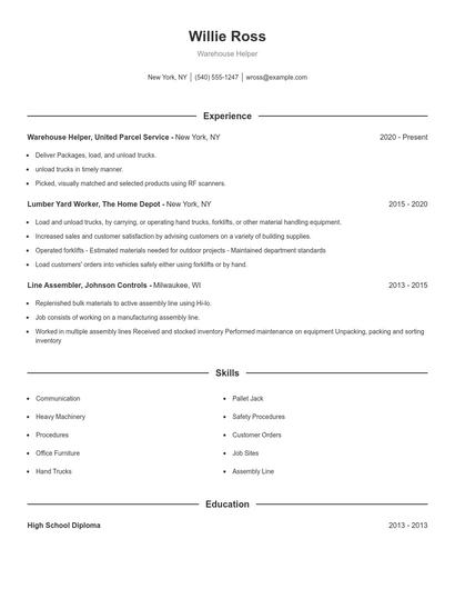 Warehouse Helper Resume