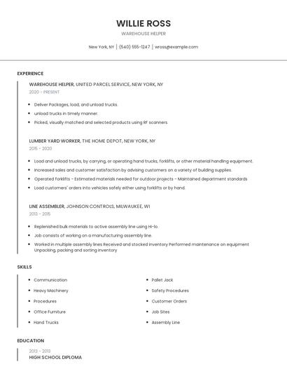 Warehouse Helper Resume