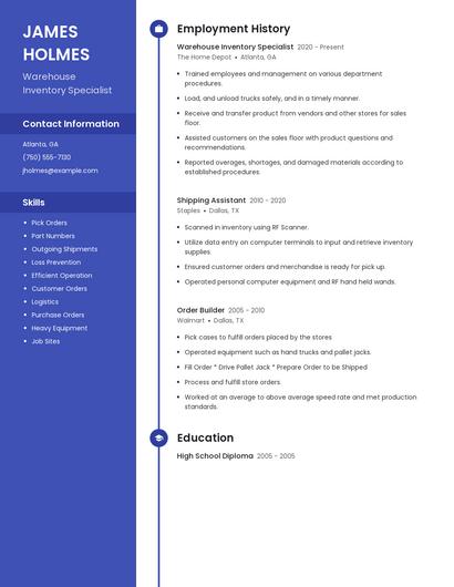 Warehouse Inventory Specialist Resume