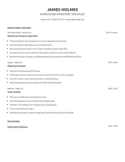 Warehouse Inventory Specialist Resume