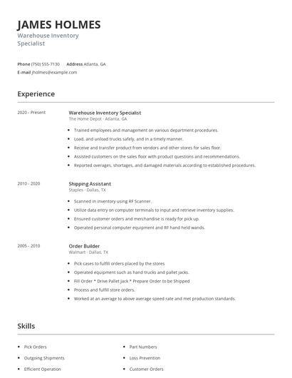 Warehouse Inventory Specialist Resume