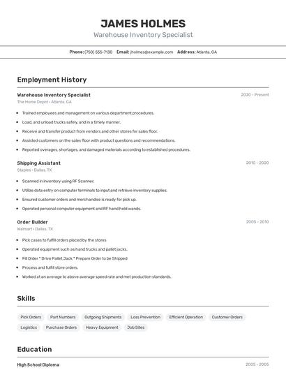 Warehouse Inventory Specialist Resume