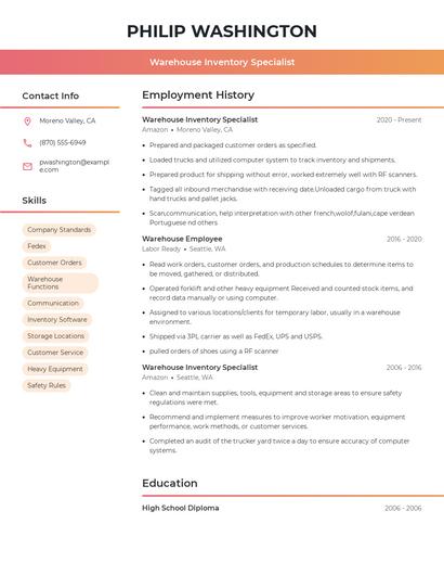 Warehouse Inventory Specialist Resume