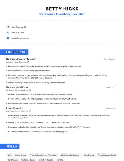 Warehouse Inventory Specialist Resume