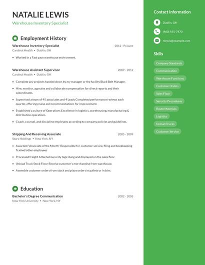 Warehouse Inventory Specialist Resume