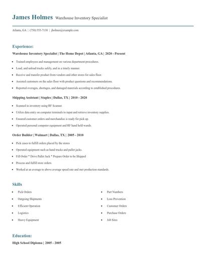 Warehouse Inventory Specialist Resume